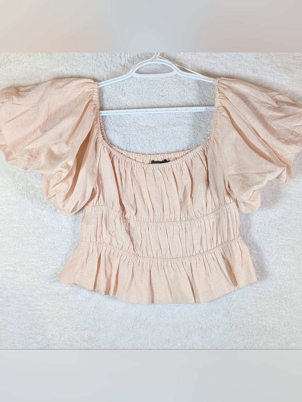 Cotton Candy Peach Puff-Sleeve Smocked Peasant Top